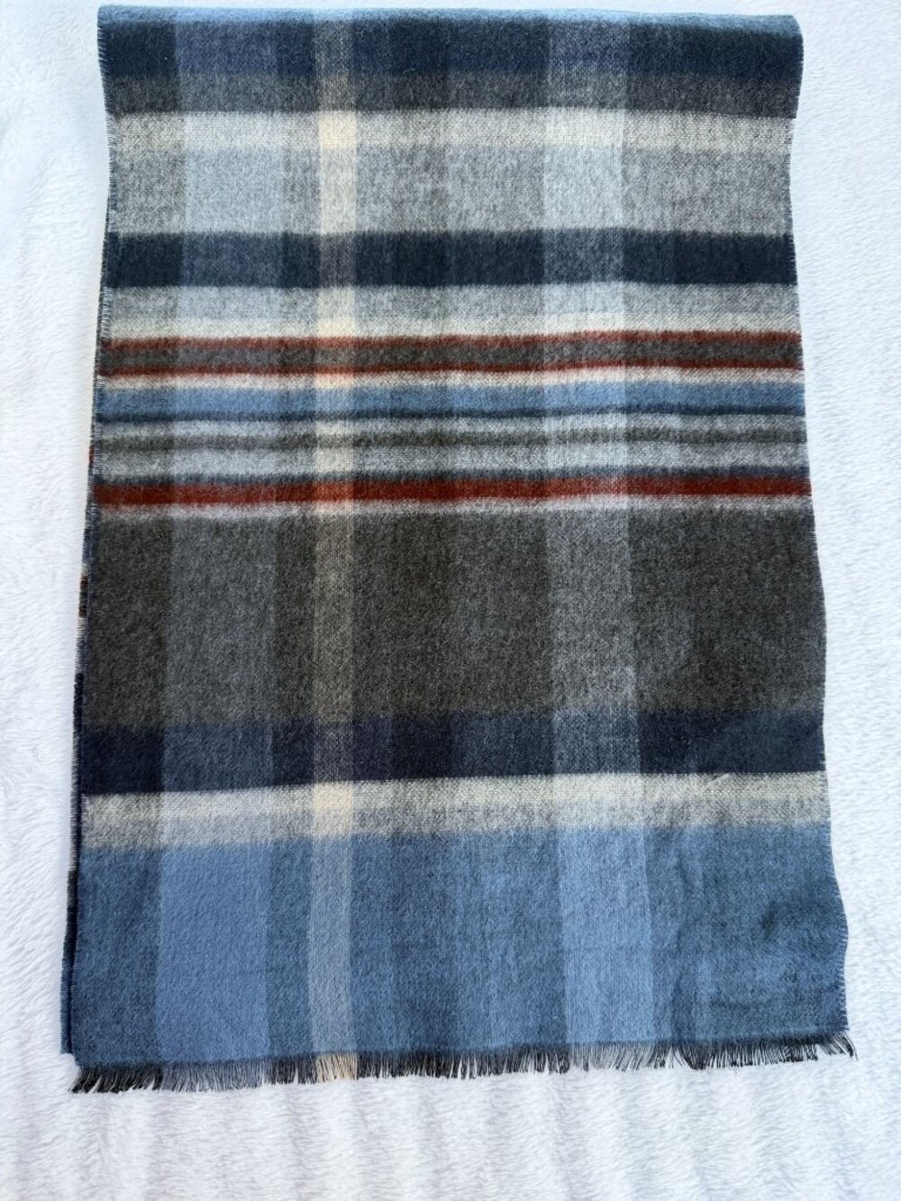 Cashmink Multi Plaid Solid Reversible Scarf Blue Gray Rust Acrylic 30X180 New